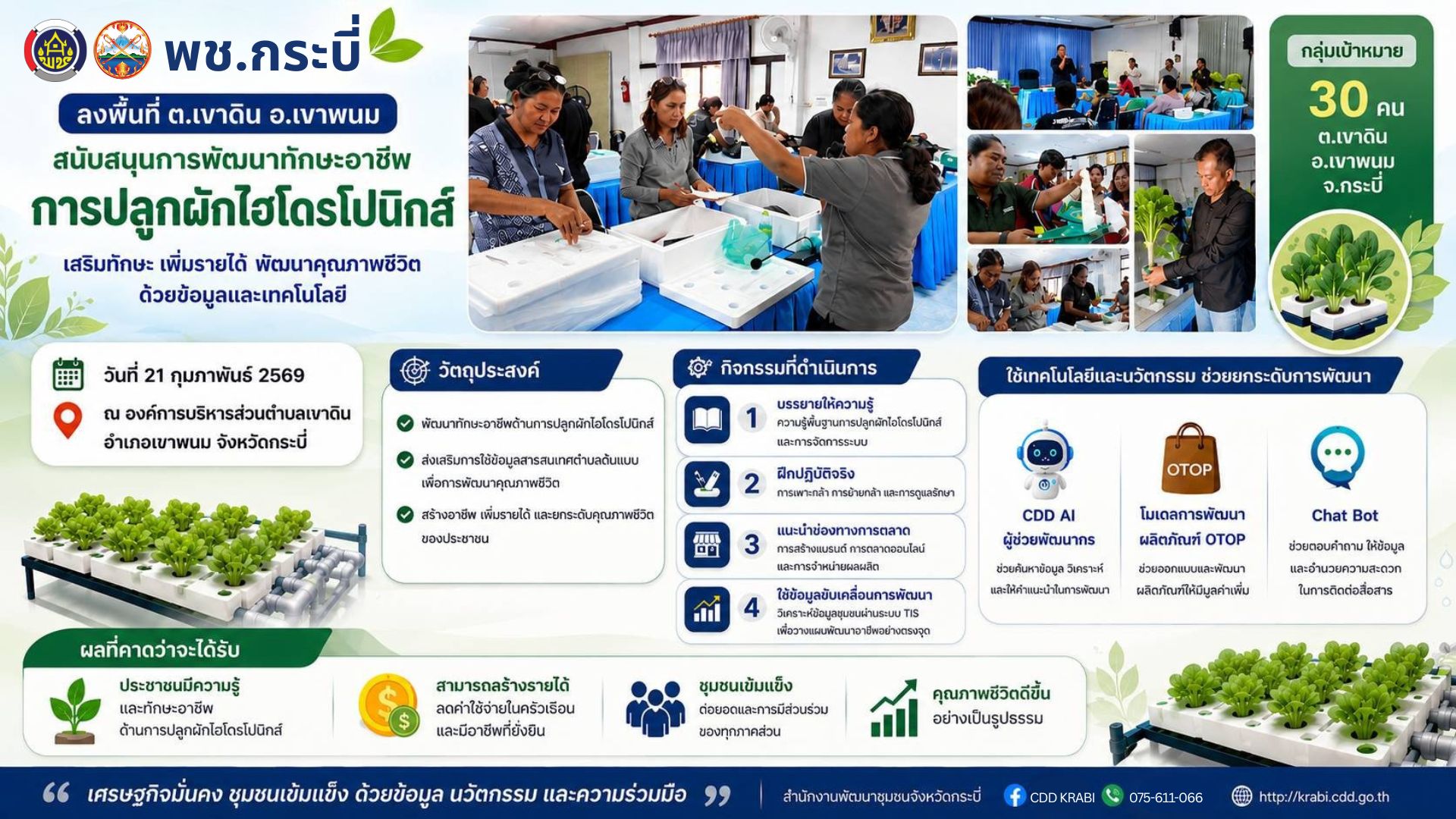 พลิกโฉมชุมชน พช.กระบี่ ใช้ "สารสนเทศตำบลต้นแบบ" นำทางชาวตำบลเขาดิน อำเภอเขาพนม จังหวัดกระบี่ ปลูกผักไฮโดรฯ สร้างรายได้อย่างยั่งยืน